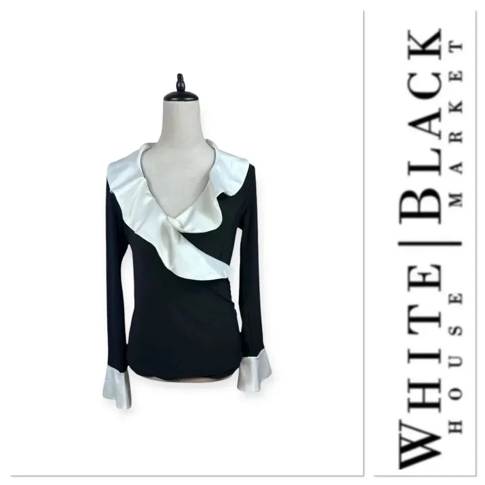 White House Black Market black with white ruffle collar top size small